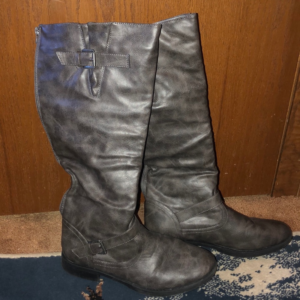 Gray calf high boots
